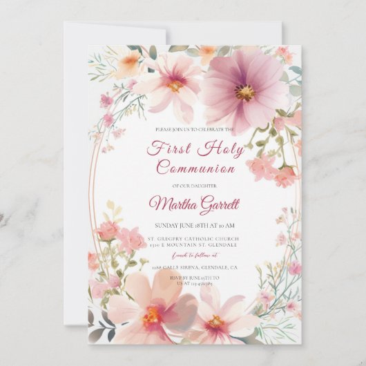 Invitation Fleurs colorées Fille Première Sainte Communion (Devant)