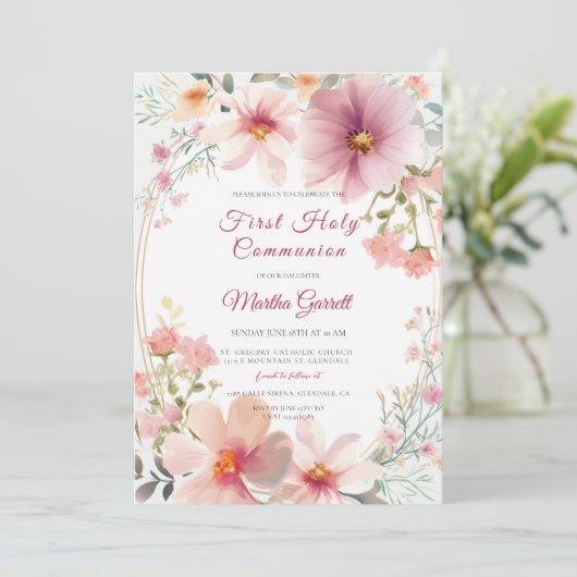 Invitation Fleurs colorées Fille Première Sainte Communion (Debout devant)