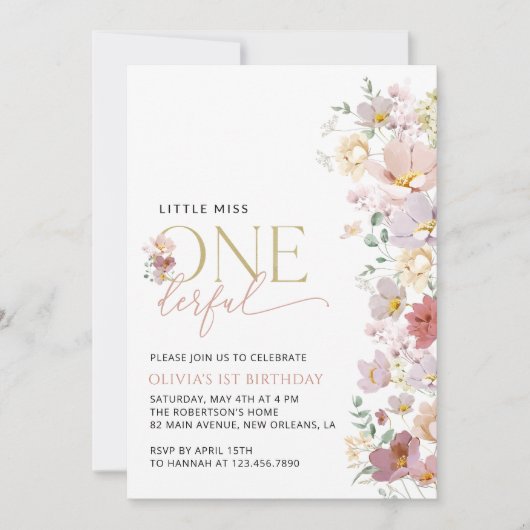 Invitation Fleurs colorées, Fleurs sauvages, premier annivers (Devant)