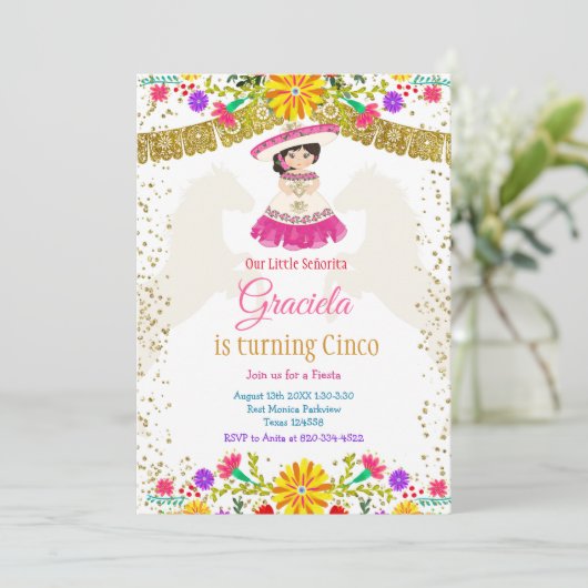 Invitation Fleurs colorées mexicaines avec Parties scintillan (Debout devant)