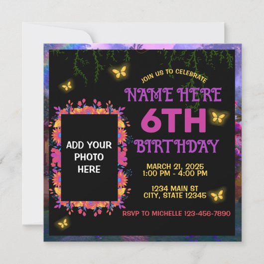 Invitation Fleurs colorées Pink Purple Papillon Anniversaire (Devant)