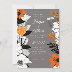 Invitation Fleurs contemporaines noir, blanc, orange mariage