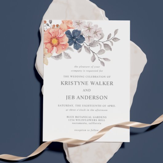 Invitation Fleurs corail et marine | Élégant Botanique