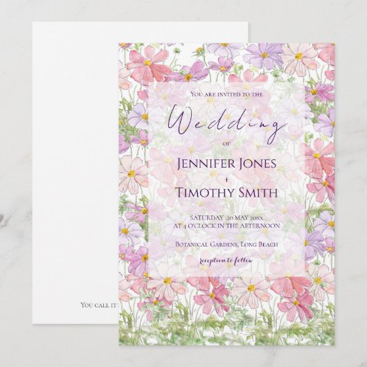 Invitation fleurs cosmos violettes et roses aquarelle (Devant / Derrière)