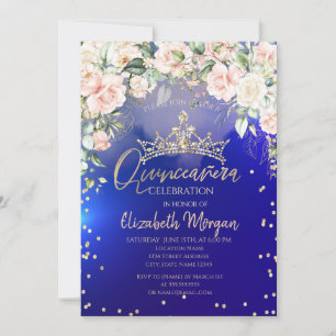 Invitation Fleurs Couronne de diamants dorés Bleu Quinceañera