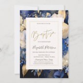 Invitation Fleurs Crème Bleu Marine Baptême (Devant)