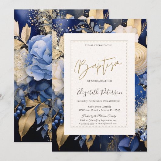 Invitation Fleurs Crème Bleu Marine Baptême (Devant / Derrière)