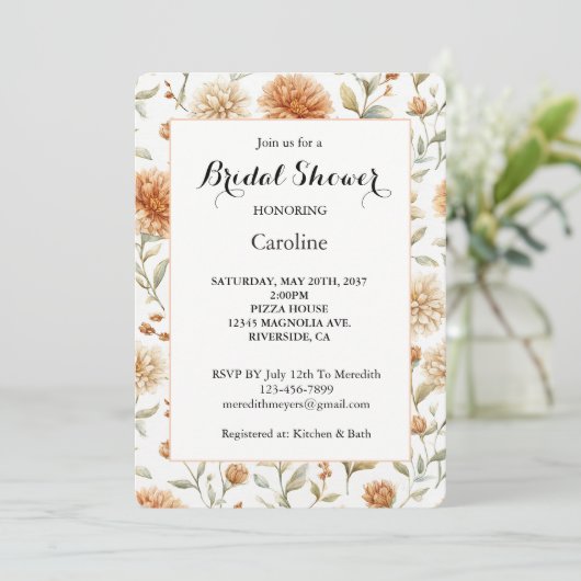 Invitation Fleurs Crème Orange Mariage (Debout devant)