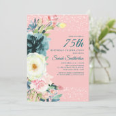 Invitation Fleurs crème rose sarcelle 75e anniversaire (Debout devant)