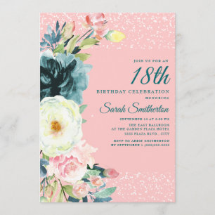 Invitation Fleurs Crème Rose Turquoise 18e Anniversaire
