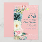 Invitation Fleurs Crème Rose Turquoise 60e Anniversaire (Devant / Derrière)