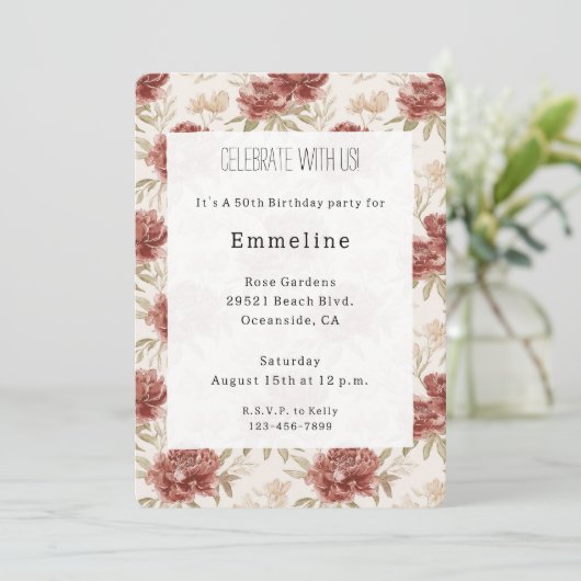 Invitation Fleurs Crème Rouge Anniversaire (Debout devant)