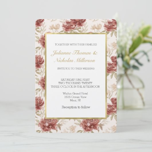Invitation Fleurs Crème Rouges Mariage (Debout devant)