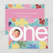 Invitation Fleurs croquantes Premier Anniversaire rose (Devant / Derrière)