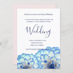 Invitation Fleurs Dahlia bleu blanc rose mariage