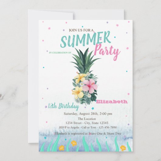 Invitation Fleurs d'ananas Coquillages fête d'anniversaire (Devant)