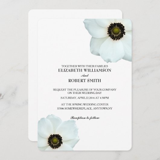 Invitation Fleurs d'anémones blanches noires (Devant / Derrière)