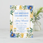 Invitation Fleurs d'anniversaire bleu et jaune à l'aquarelle (Debout devant)