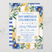 Invitation Fleurs d'anniversaire bleu et jaune à l'aquarelle (Devant / Derrière)