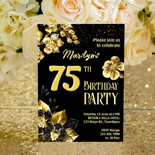 Invitation Fleurs d'anniversaire en noir et or personnalisées
