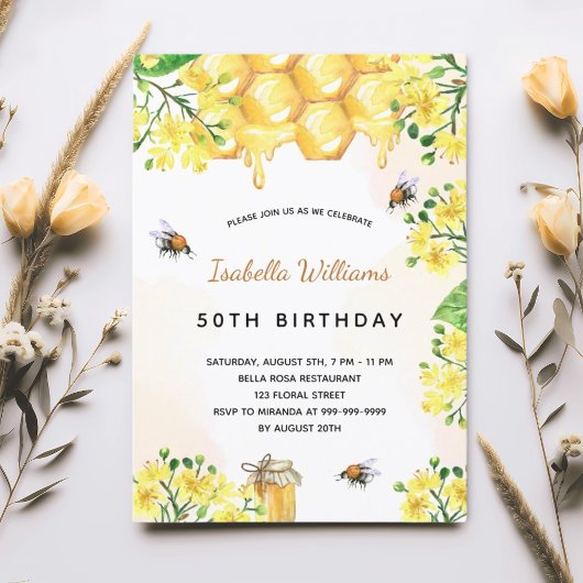Invitation Fleurs d'anniversaire jaune élégant été adulte