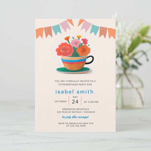 Invitation Fleurs dans un Teacup Anniversaire de enfant Party (Debout devant)