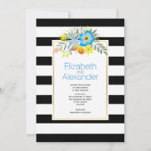 Invitation Fleurs d'Aqua, noir blanc rayures mariage (Devant)