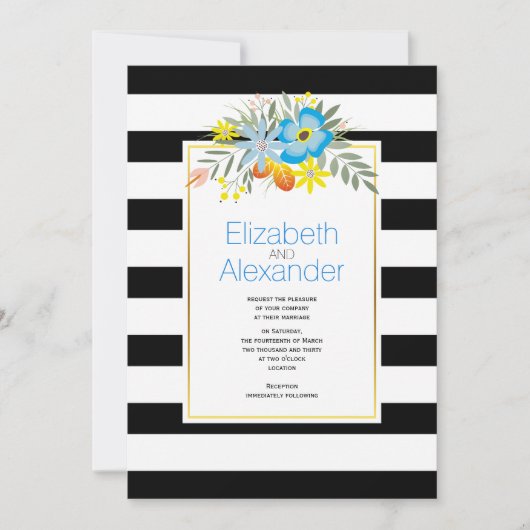 Invitation Fleurs d'Aqua, noir blanc rayures mariage (Devant)