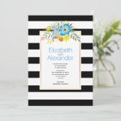 Invitation Fleurs d'Aqua, noir blanc rayures mariage (Debout devant)