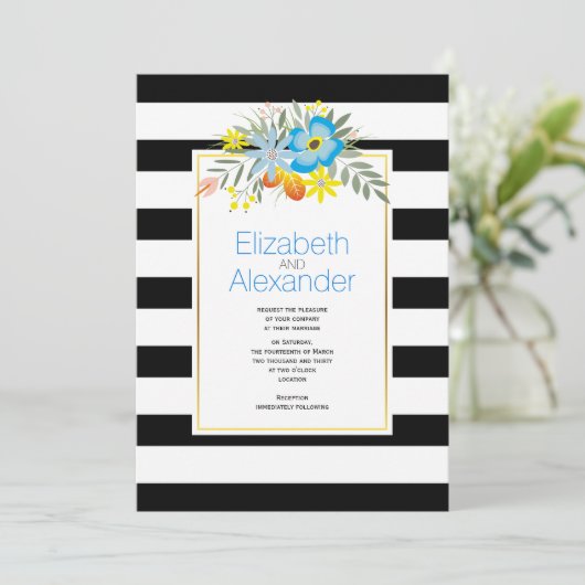 Invitation Fleurs d'Aqua, noir blanc rayures mariage (Debout devant)