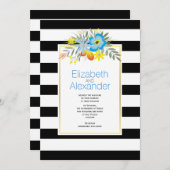 Invitation Fleurs d'Aqua, noir blanc rayures mariage (Devant / Derrière)