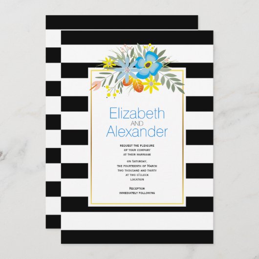 Invitation Fleurs d'Aqua, noir blanc rayures mariage (Devant / Derrière)