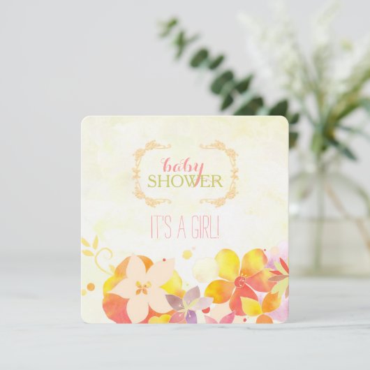 Invitation Fleurs d'aquarelle Baby shower bébé fille (Debout devant)