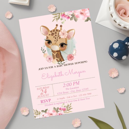 Invitation Fleurs d'aquarelle Baby shower bébé Giraffe