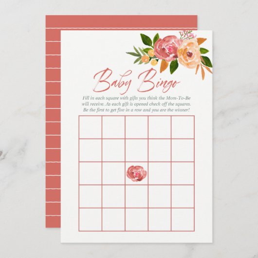 Invitation Fleurs d'aquarelle Baby shower Bingo bébé (Devant / Derrière)