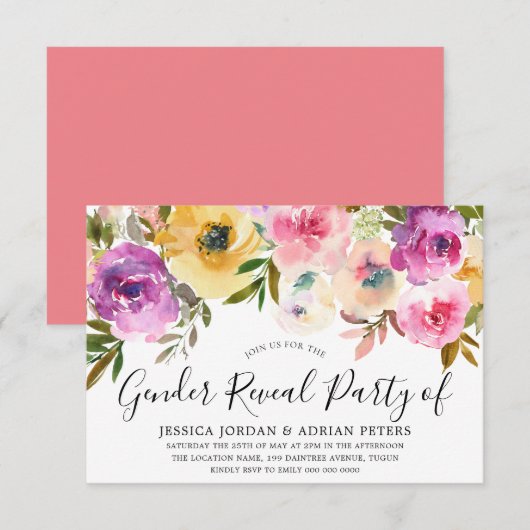 Invitation Fleurs d'aquarelle Baby shower de la fête de révél (Devant / Derrière)