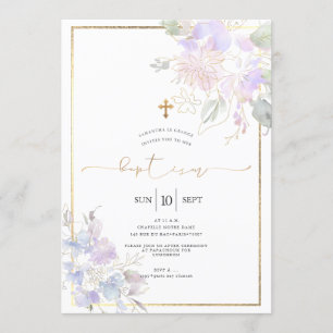 Invitation Fleurs d'aquarelle Baptême Dusty Lilac Pois doux