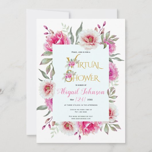 Invitation Fleurs d'aquarelle bébé virtuel ou douche nuptiale (Devant)