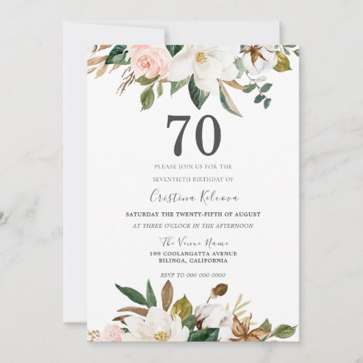 Invitation Fleurs d'aquarelle blanc et blanc 70e anniversaire (Devant)
