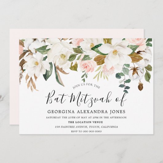 Invitation Fleurs d'aquarelle blanc et blanc Bat Mizvah (Devant / Derrière)