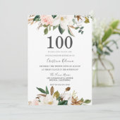 Invitation Fleurs d'aquarelle blanc et bleu 100e anniversaire (Debout devant)