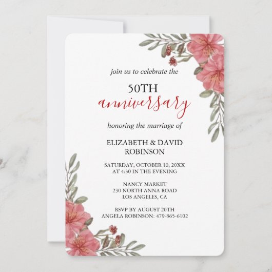 Invitation fleurs d'aquarelle blanc mariage 50e anniversaire (Devant)