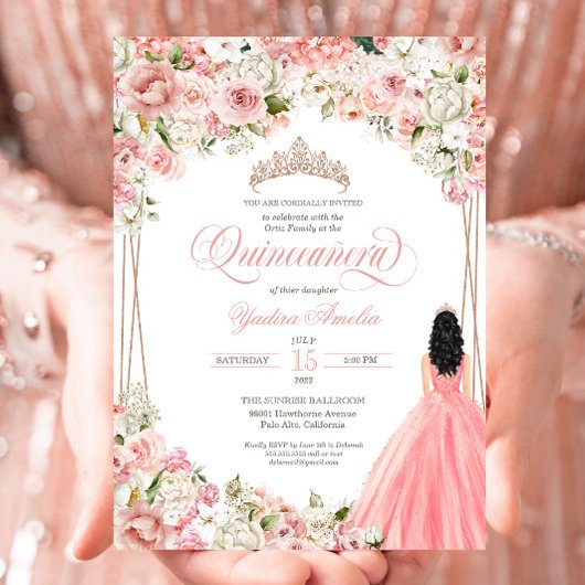 Invitation Fleurs d'aquarelle blanc rose pâle Quinceañera