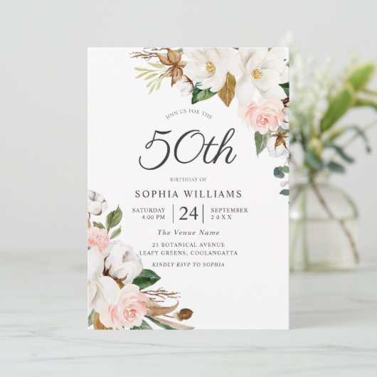 Invitation Fleurs d'aquarelle blanc rousse 50e fête d'anniver (Debout devant)