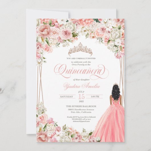 Invitation Fleurs d'aquarelle blanche rose pâle Quinceañera I (Devant)