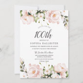 Invitation Fleurs d'aquarelle bleu 100e fête d'anniversaire (Devant)