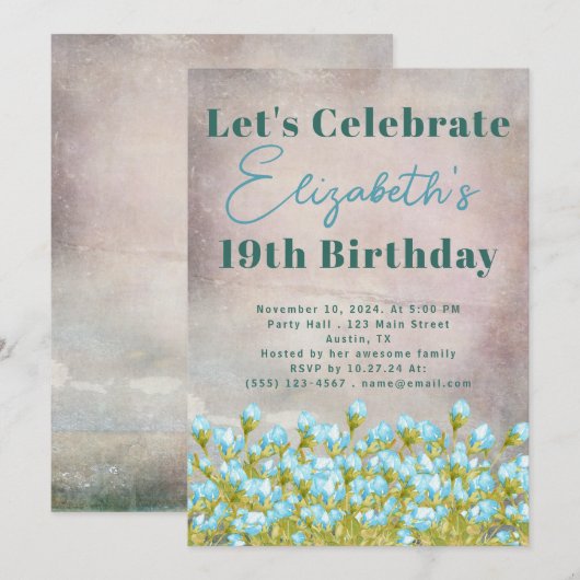 Invitation Fleurs d'aquarelle bleu Arrière - plan rustique (Devant / Derrière)