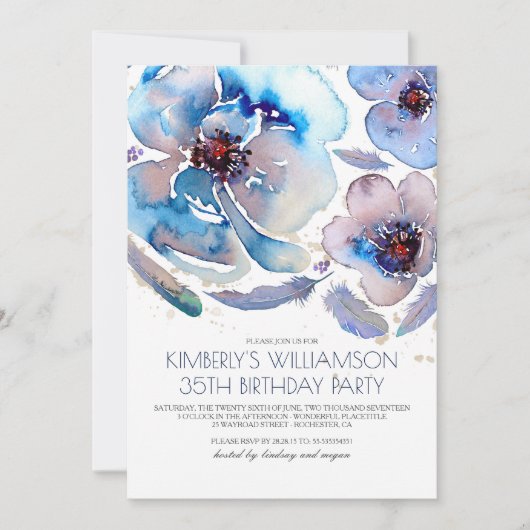 Invitation Fleurs d'aquarelle Bleu Boho fête d'anniversaire (Devant)