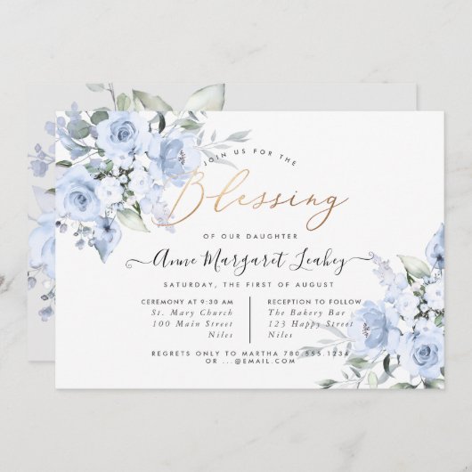 Invitation Fleurs d'aquarelle Bleu Dusty Roses Bénédiction (Devant / Derrière)