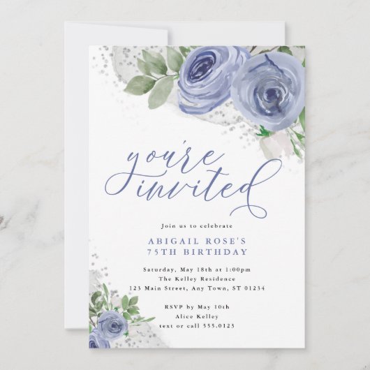 Invitation Fleurs d'aquarelle bleu et argent, vous êtes invit (Devant)